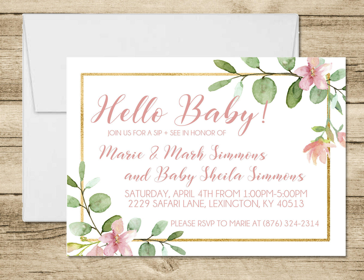 Pink And Green Floral Sip And See Invitations