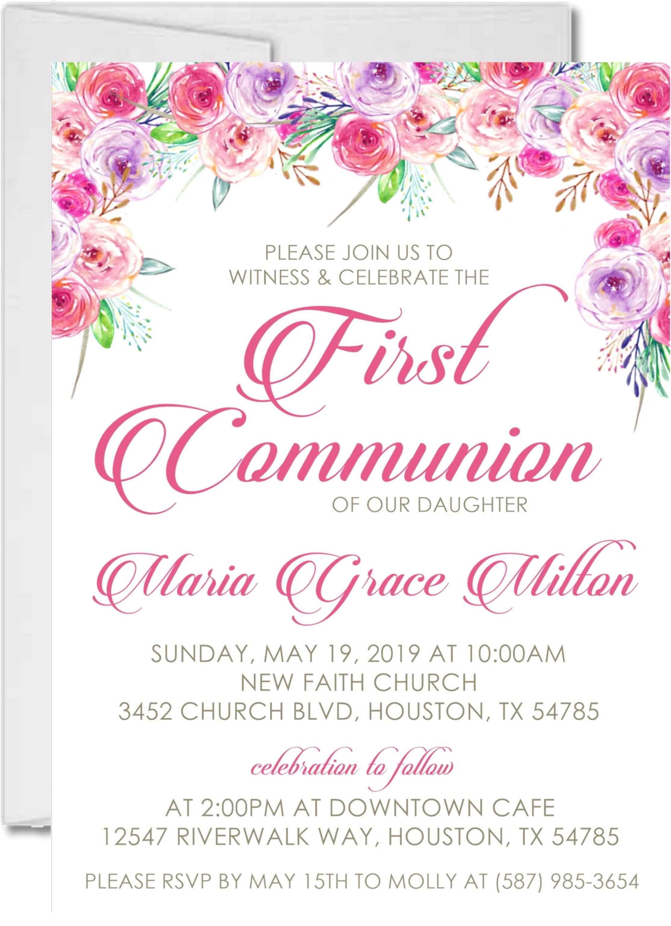 Pink And Purple First Communion Invitations