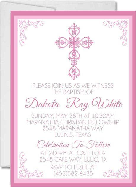 Pink And White Baptism Invitations