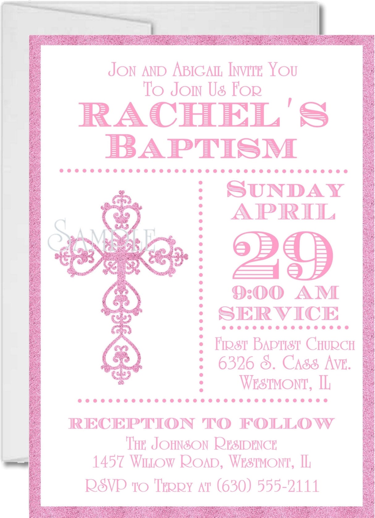 Pink And White Baptism Invitations