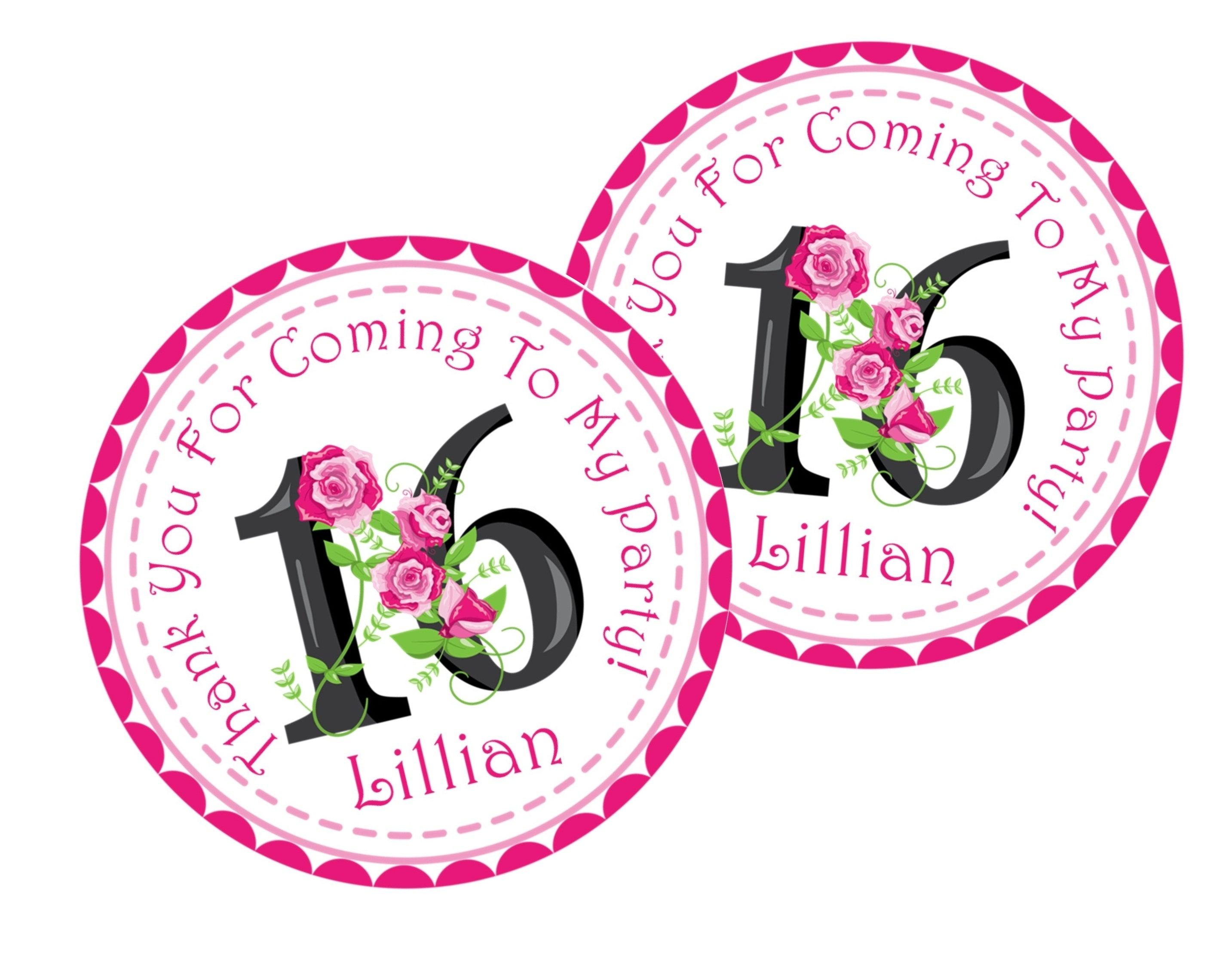 Pink & Black Floral Sweet 16 Birthday Party Stickers