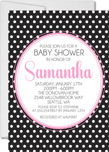 Pink, Black & White Polka Dot Baby Shower Invitations