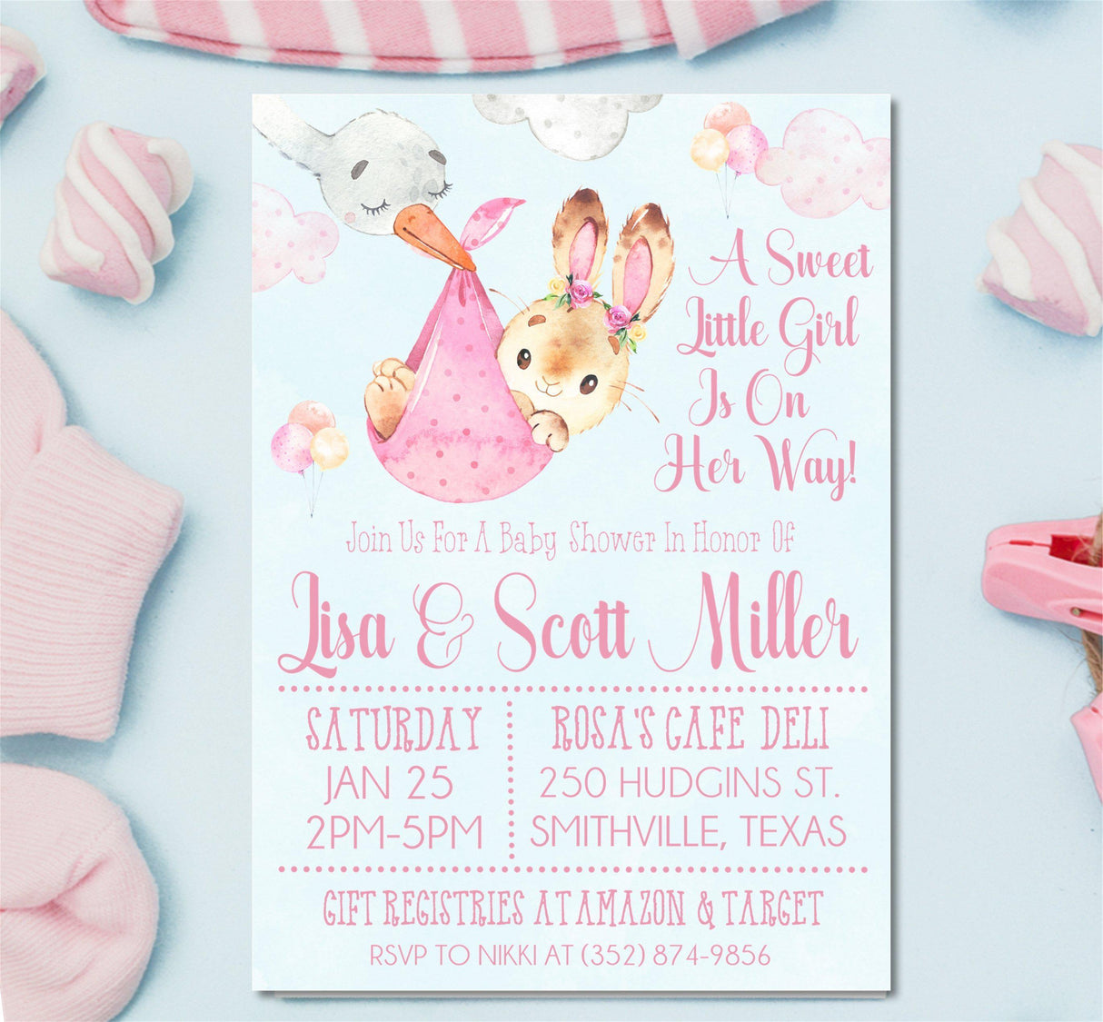 Pink Bunny Rabbit Baby Shower Invitations