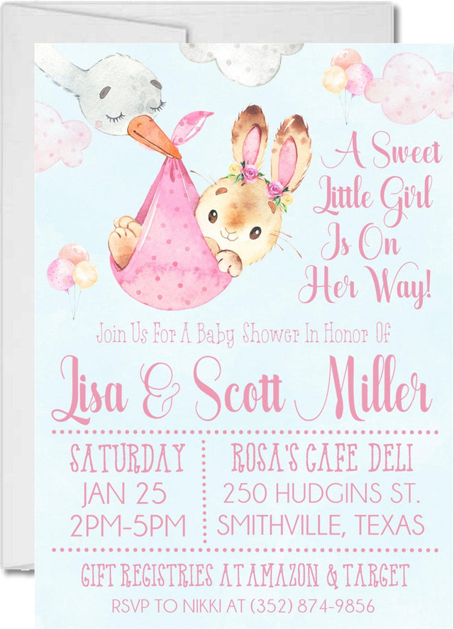 Pink Bunny Rabbit Baby Shower Invitations