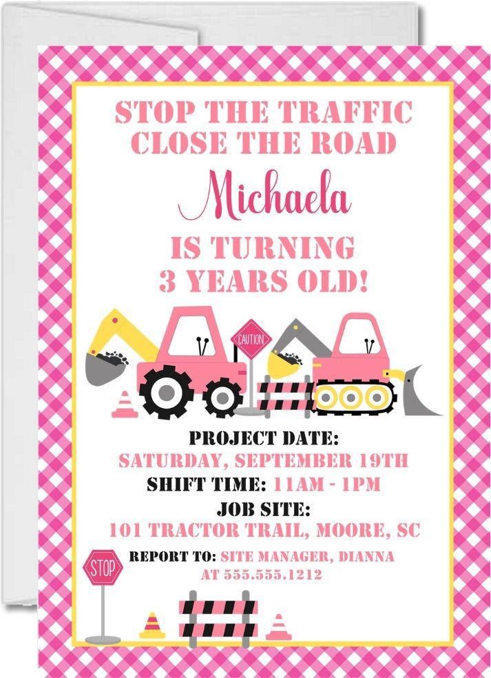 Pink Construction Birthday Party Invitations