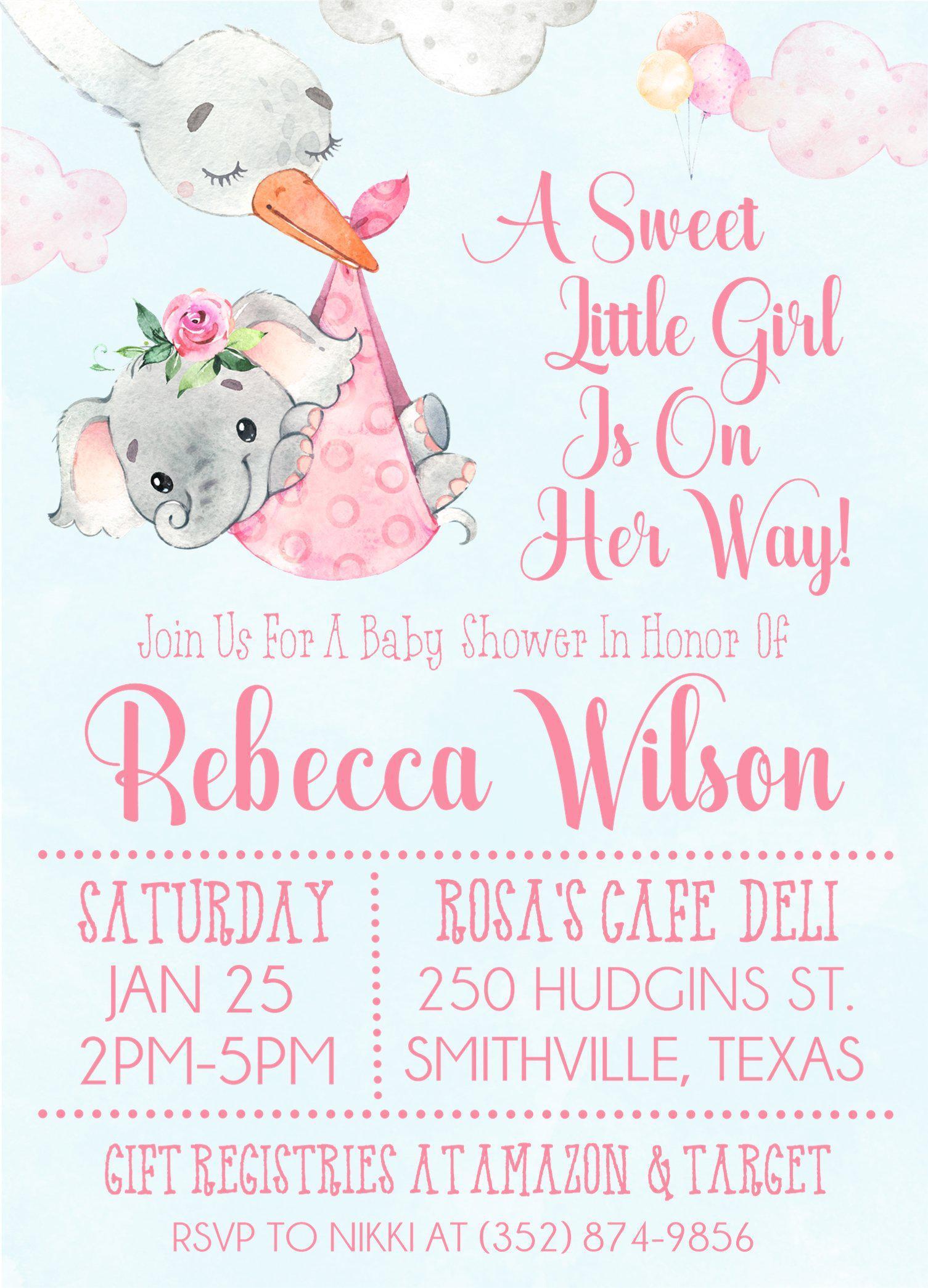 Pink Elephant Baby Shower Invitations