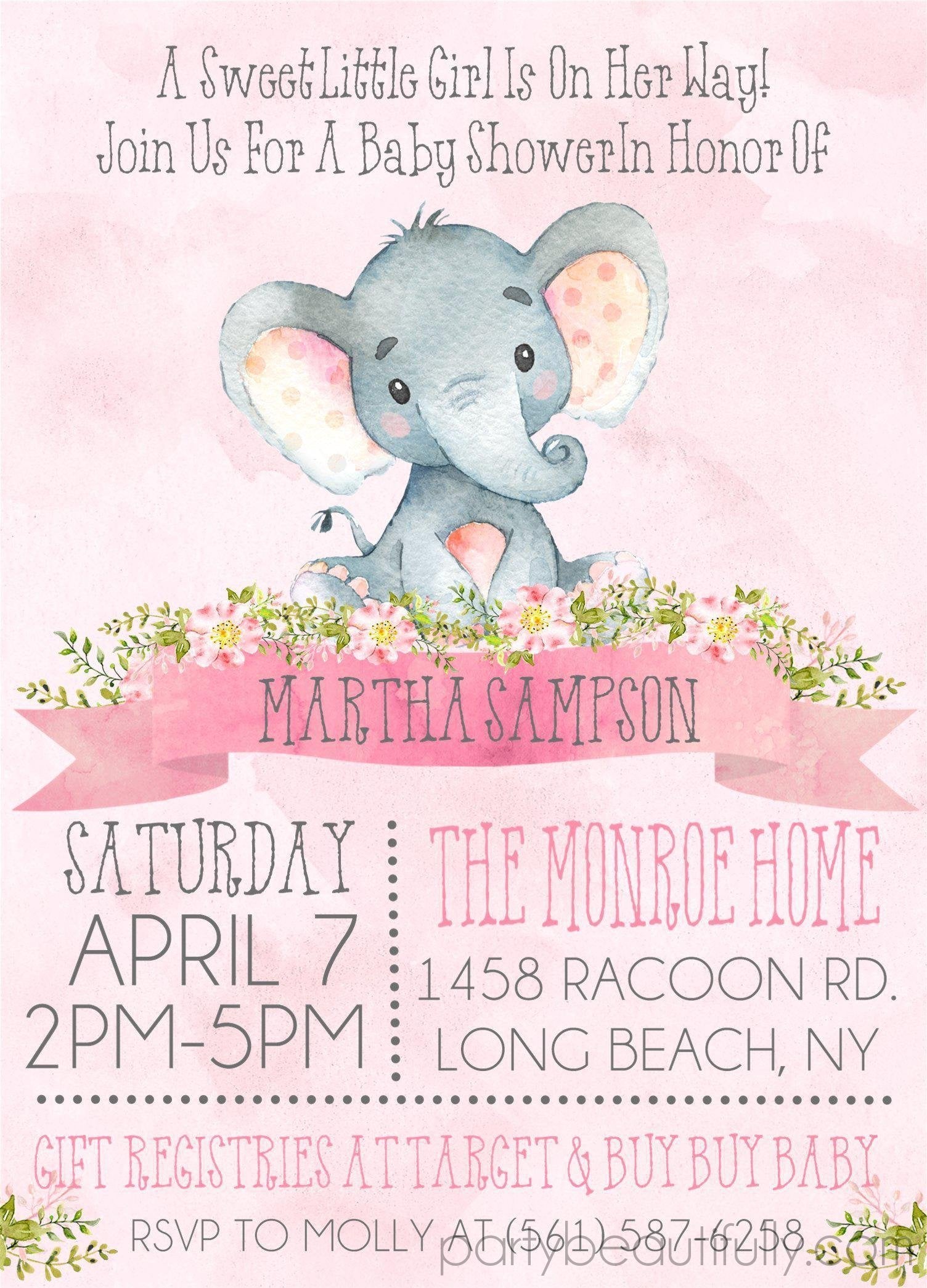 Pink Elephant Baby Shower Invitations