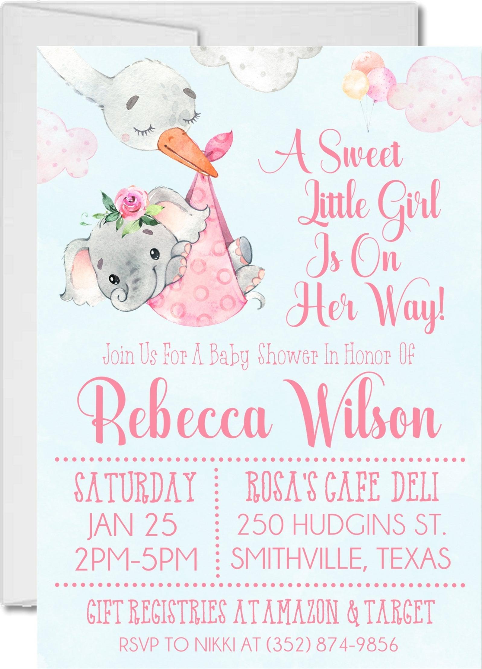 Pink Elephant Baby Shower Invitations