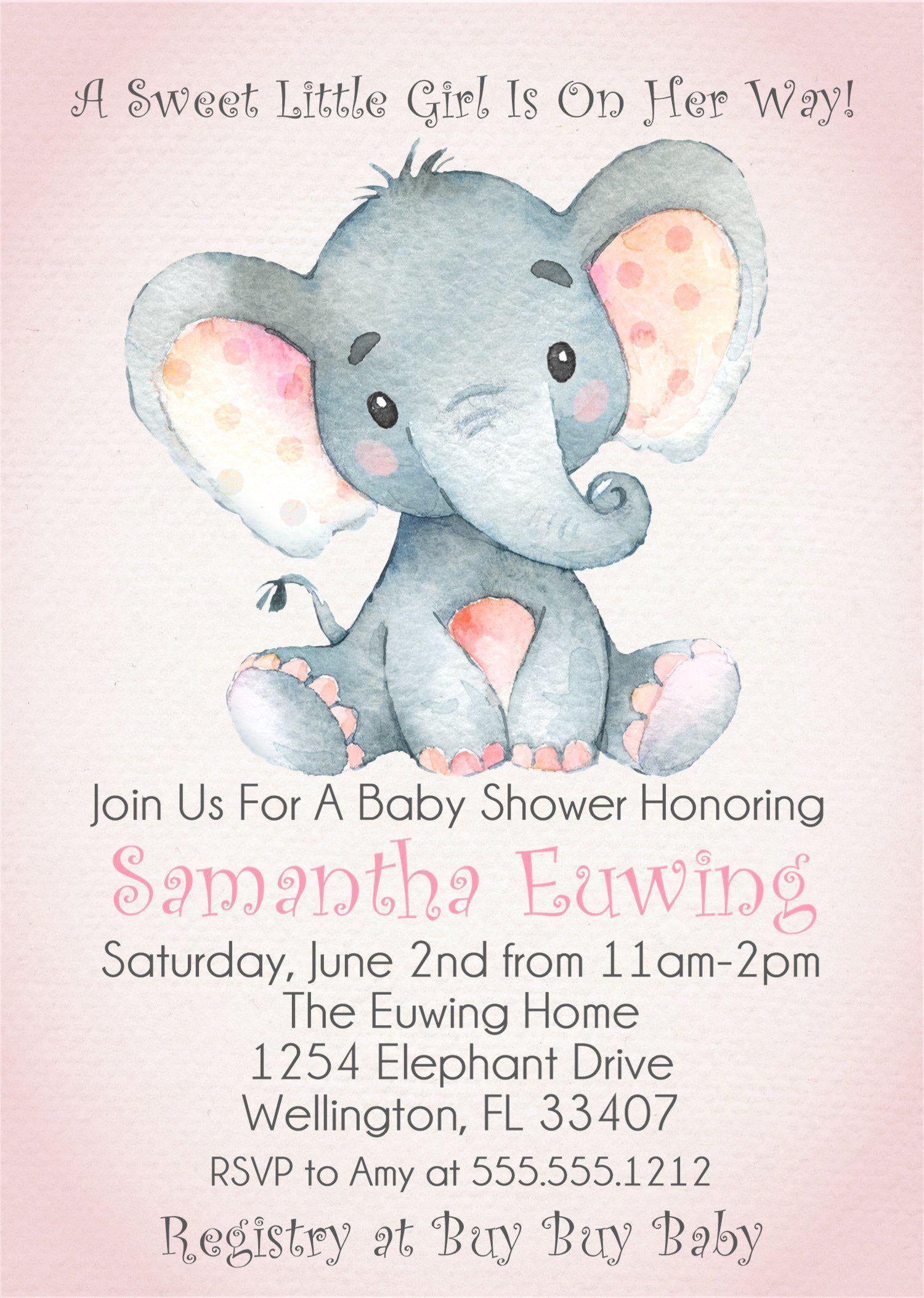 Pink Elephant Baby Shower Invitations