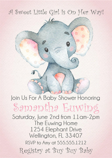 Pink Elephant Baby Shower Invitations