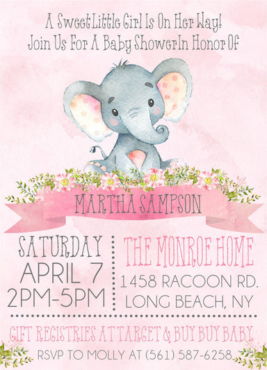 Pink Elephant Baby Shower Invitations