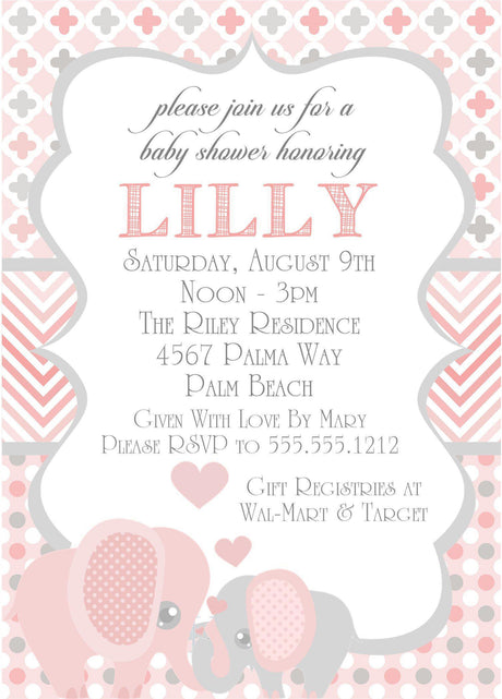 Pink Elephant Baby Shower Invitations