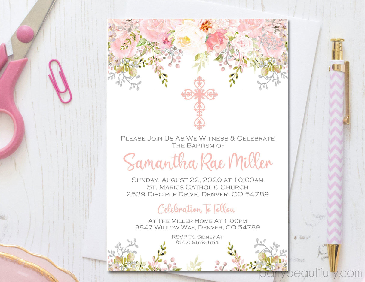Pink Floral Baptism Invitations