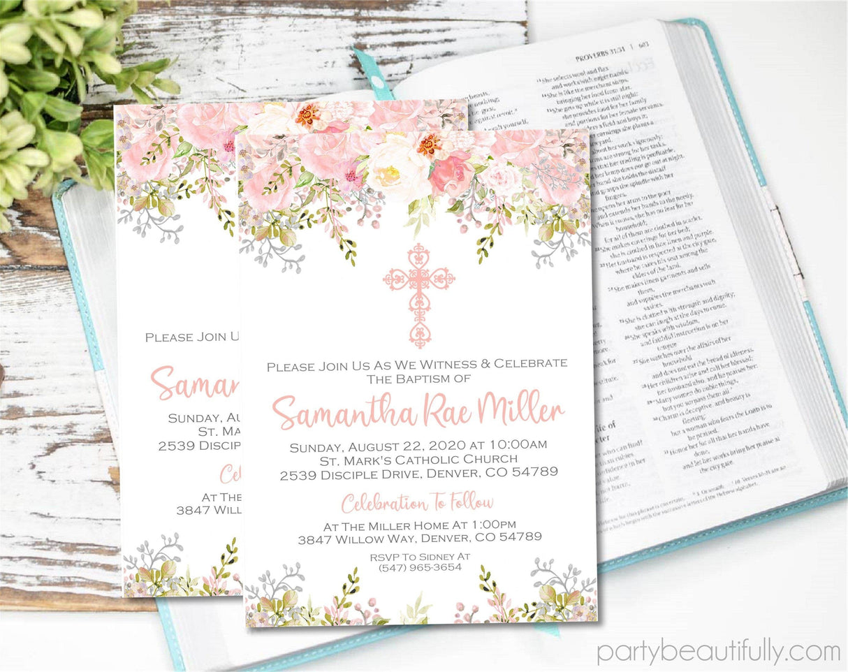 Pink Floral Baptism Invitations