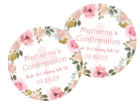 Pink Floral First Communion Stickers Or Favor Tags