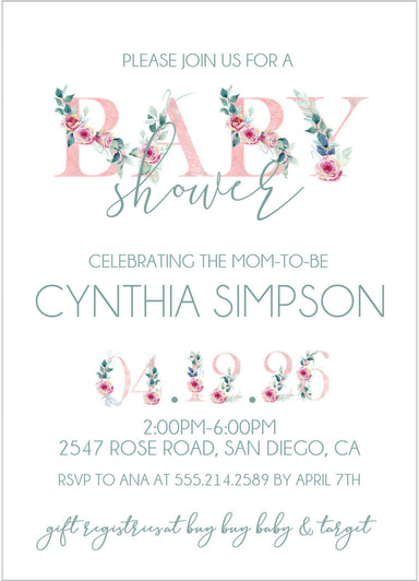 Pink Garden Rose Baby Shower Invitations