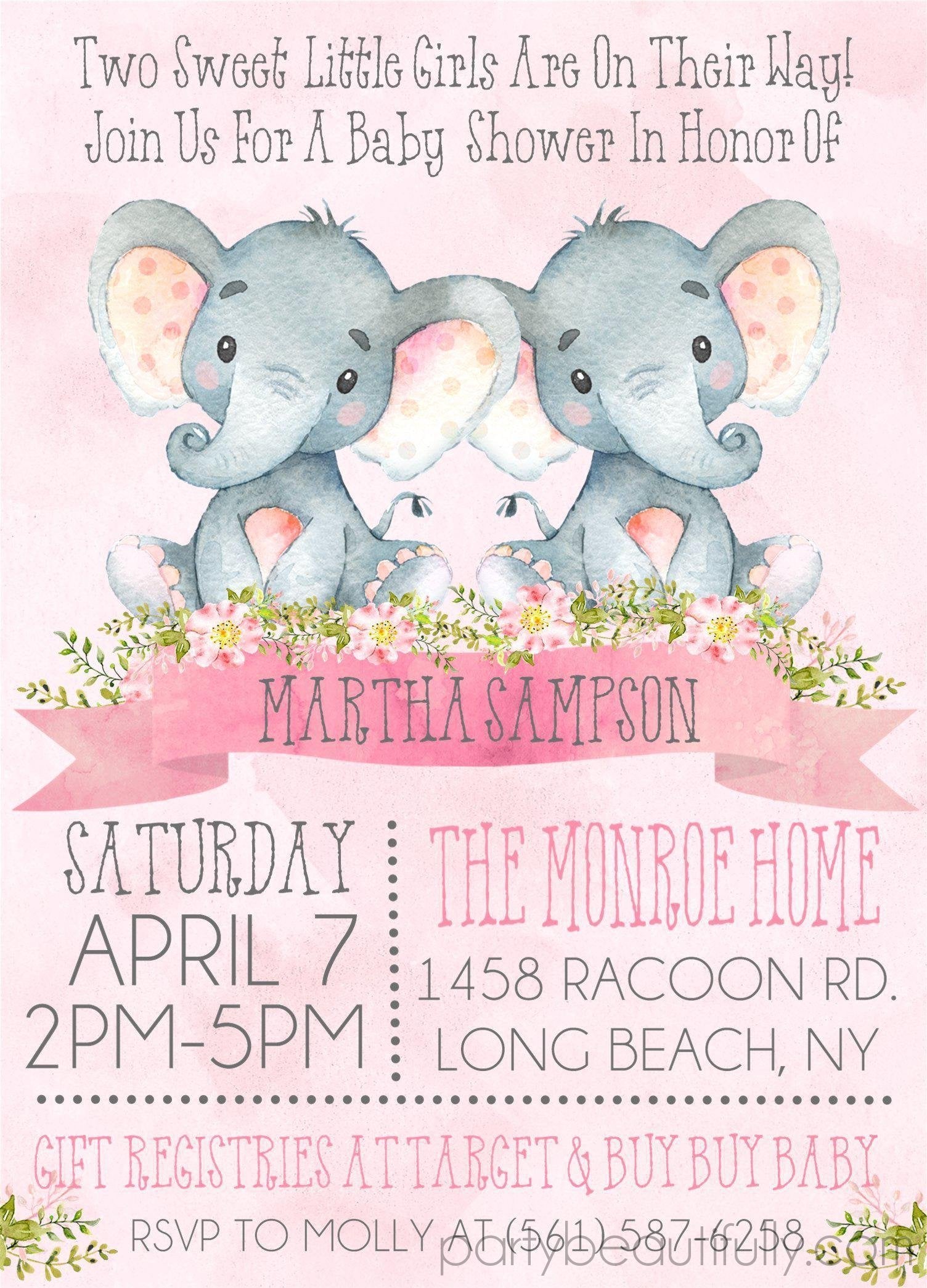 Pink Girls Twins Safari Elephant Baby Shower Invitations