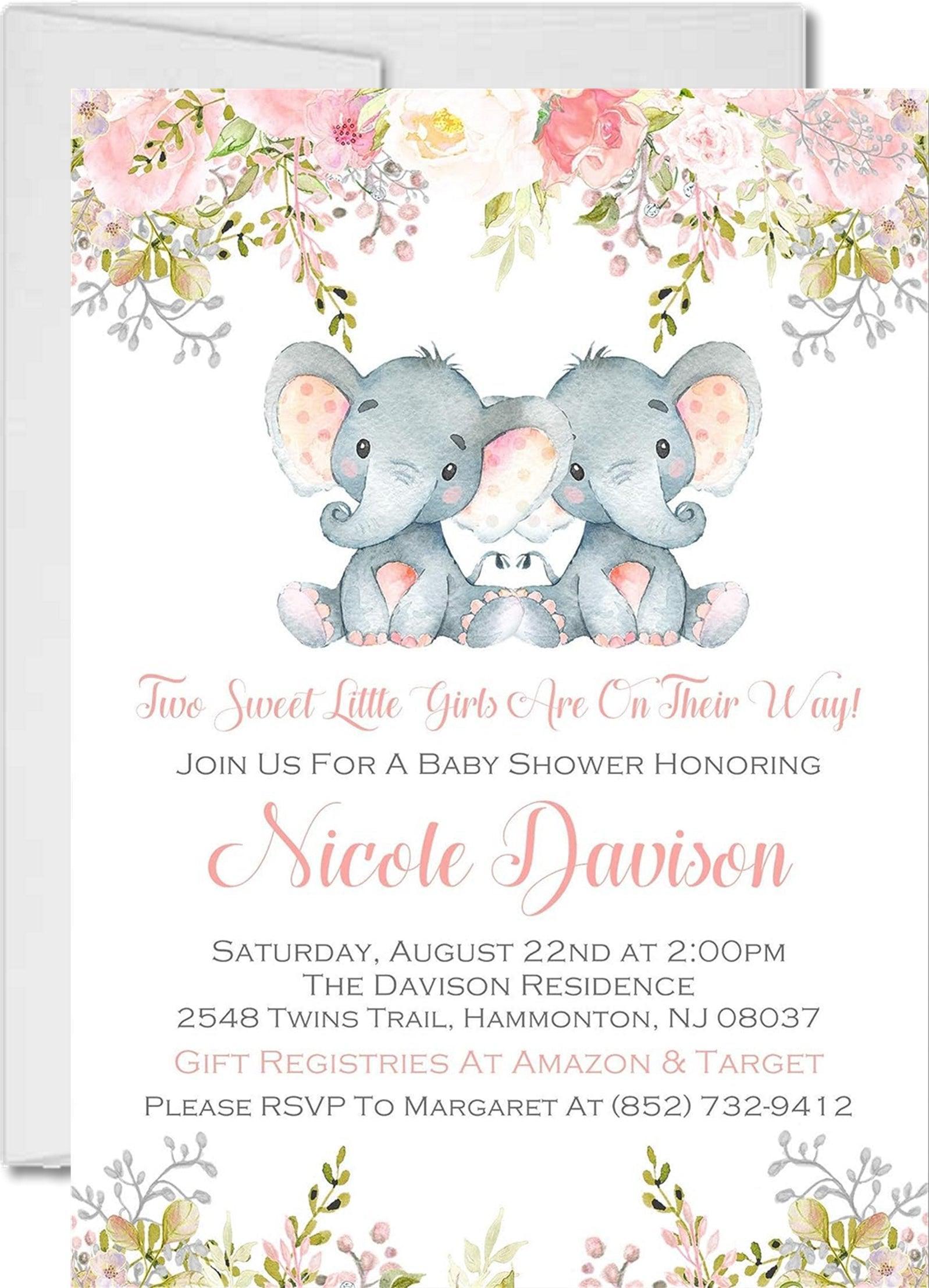 Pink Girls Twins Safari Elephant Baby Shower Invitations