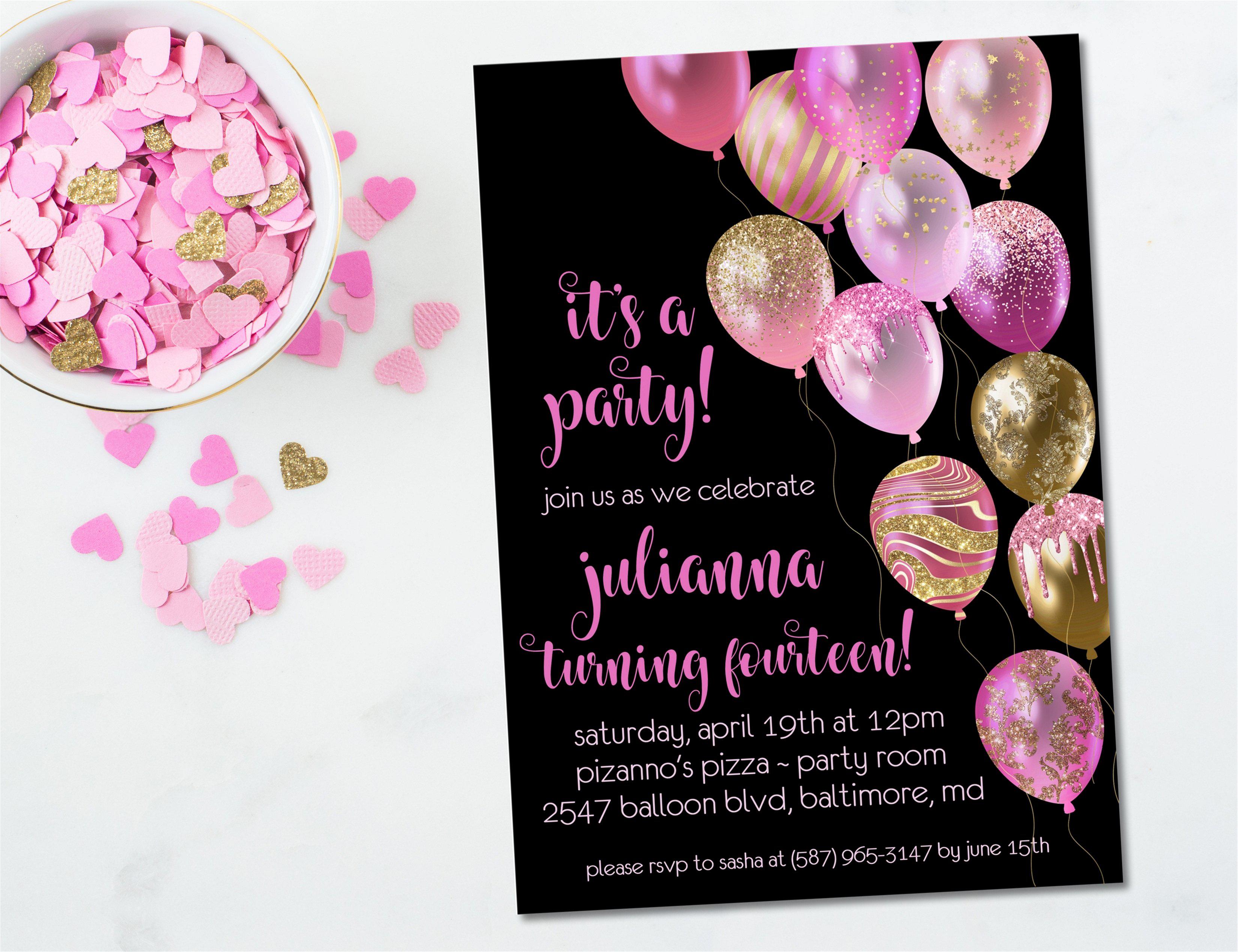 Pink, Gold And Black Balloon Birthday Party Invitations