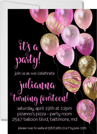 Pink, Gold And Black Balloon Birthday Party Invitations