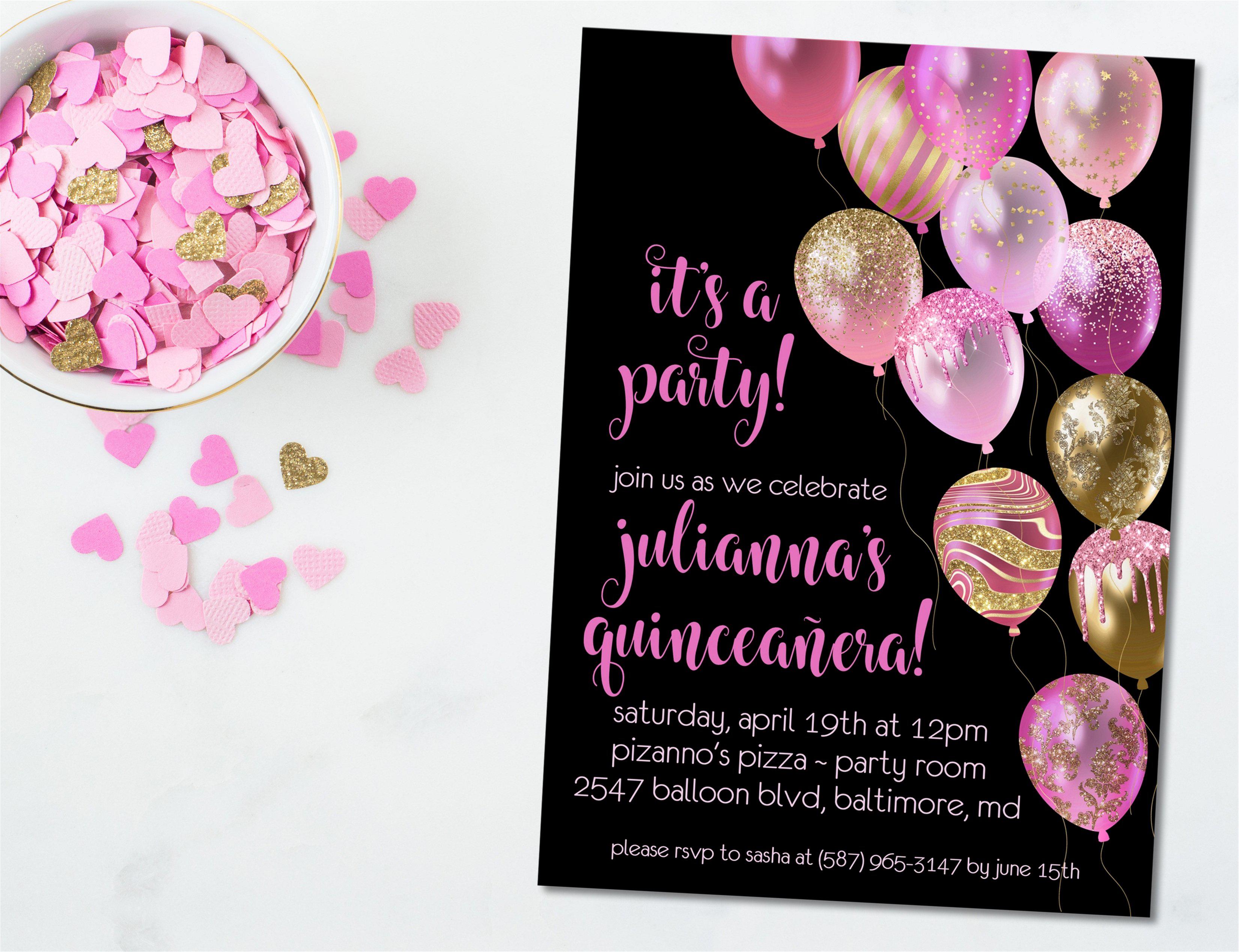 Pink, Gold And Black Balloon Quinceanera Invitations