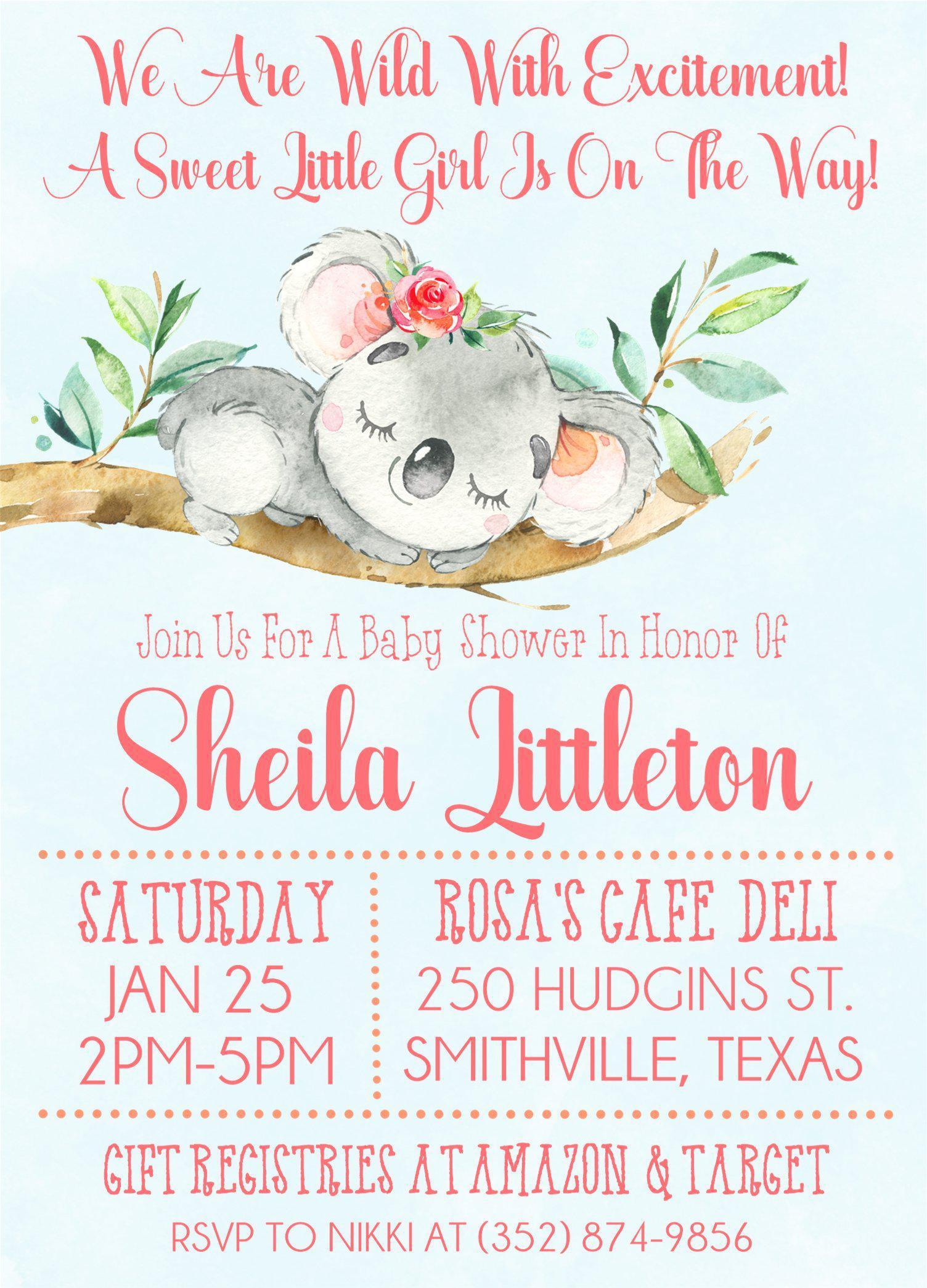 Pink Koala Baby Shower Invitations