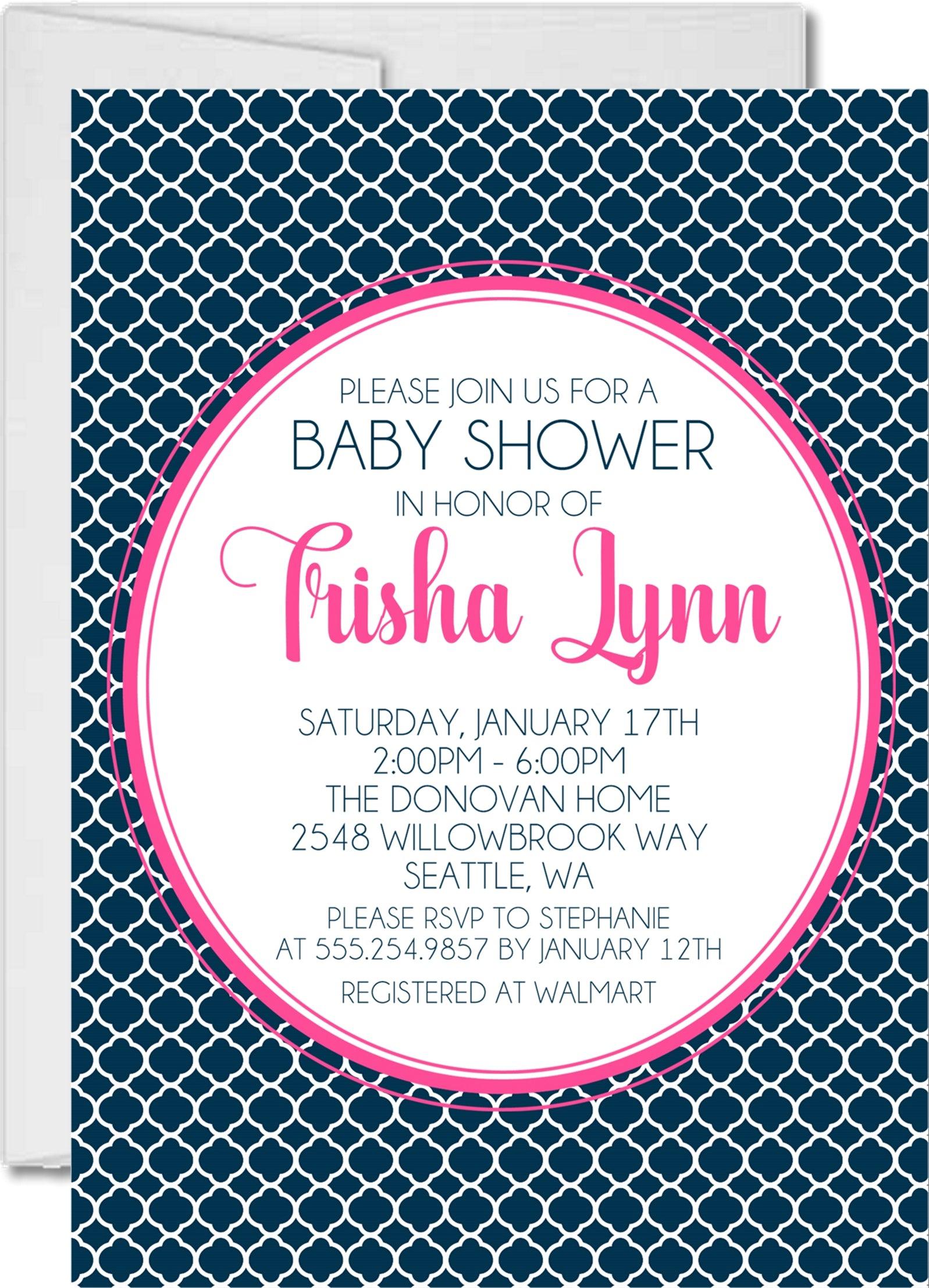 Pink & Navy Quarterfoil Baby Shower Invitations