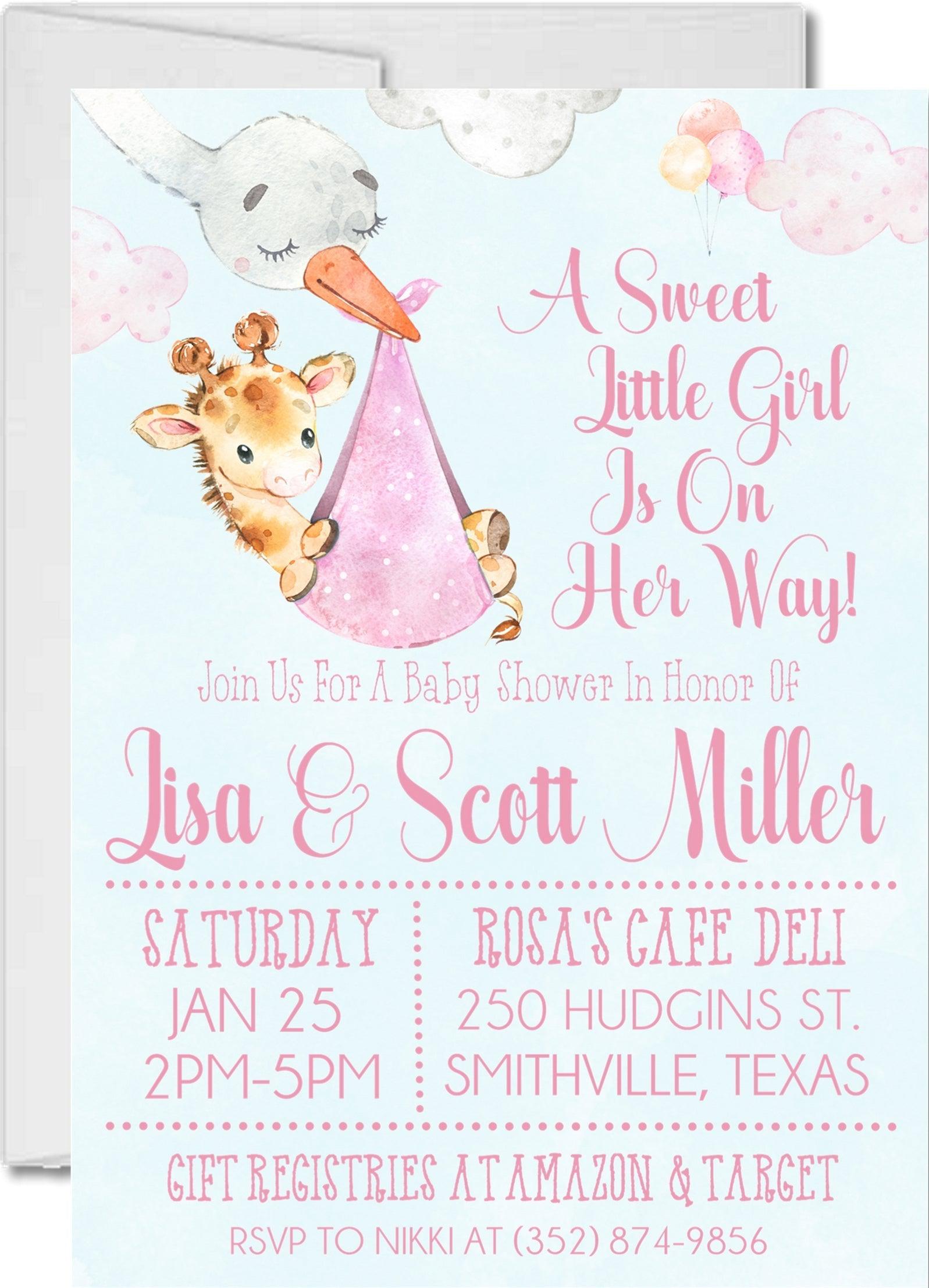 Pink Safari Giraffe Baby Shower Invitations