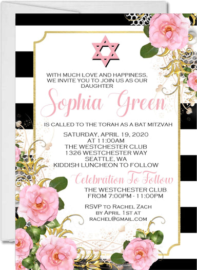 Pink and Black Floral Bat Mitzvah Invitations