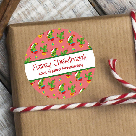 Pink Christmas cactus stickers with festive holiday pattern