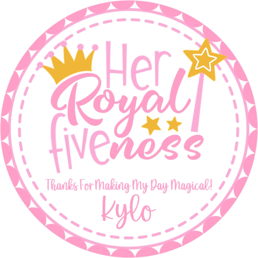 Pink Royal 5th birthday sticker with crown and star design
