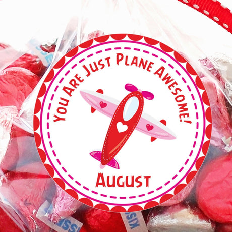 Pink airplane Valentine sticker with personalized name