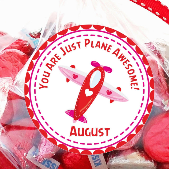 Pink airplane Valentine sticker with personalized name