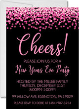 Pink and black New Year's Eve invitation with festive confetti accents and personalized event details