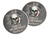 Pink and black skull Halloween birthday sticker
