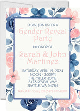 Pink and blue floral gender reveal invitation with watercolor flowers