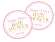 Pink and gold baby shower sticker with small pink flower accents