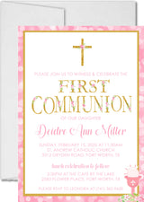 Pink and gold first communion confirmation invitation for religious celebrations