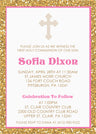 Pink and gold first holy communion invitation for girls with cross design