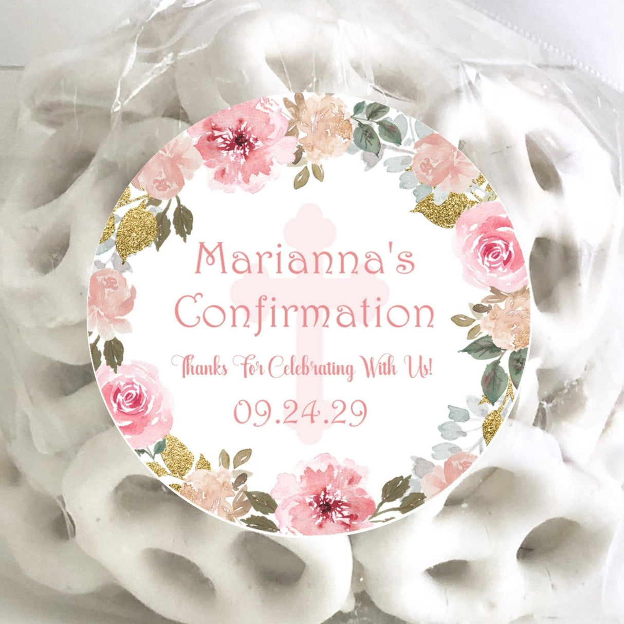 Pink and gold floral Confirmation sticker with personalized text