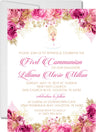 Pink and gold floral First Communion invitation with watercolor roses and girl character option
