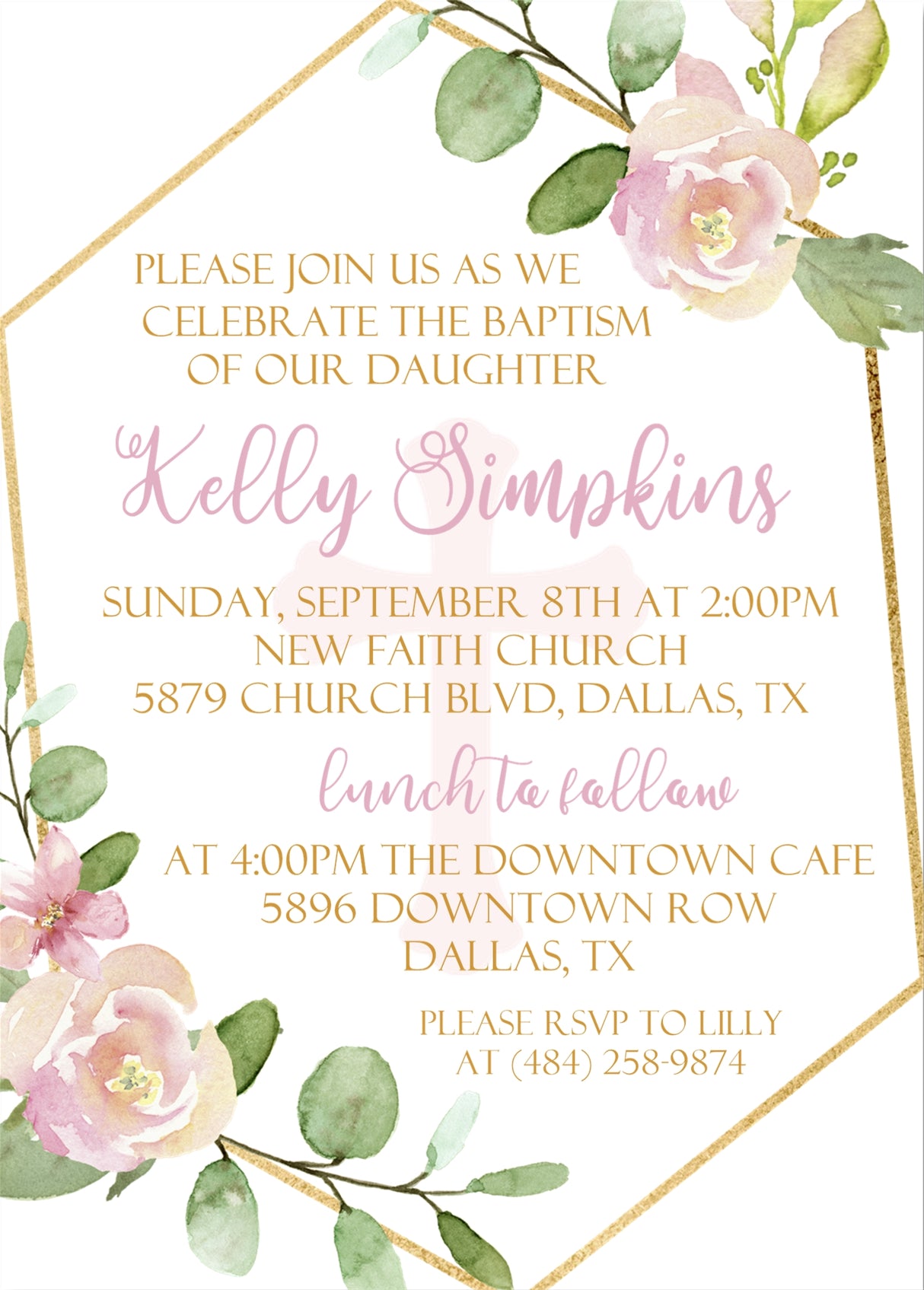 Pink and gold floral baptism invitation with geometric frame