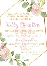 Pink and gold floral baptism invitation with geometric frame