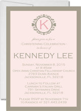 Pink and gray christening invitation with monogram wreath design