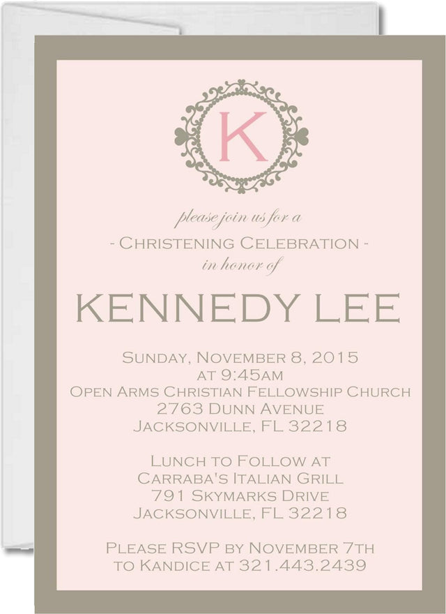 Pink and gray christening invitation with monogram wreath design