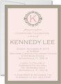 Pink and gray christening invitation with monogram wreath design