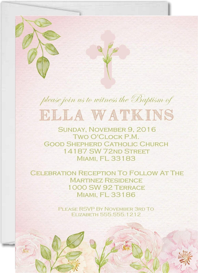 Pink and green floral baptism invitation with watercolor flowers and cross design