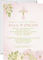 Pink and green floral baptism invitation with watercolor flowers and cross design