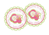 Pink and green floral tea party birthday sticker with stacked teacups
