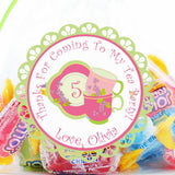 Pink and green teacup birthday label with custom name